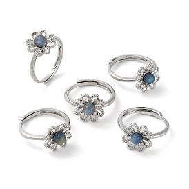 Регулируемое кольцо с натуральным лабрадоритом и цветком, латунное кольцо для женщин с покрытием стойки