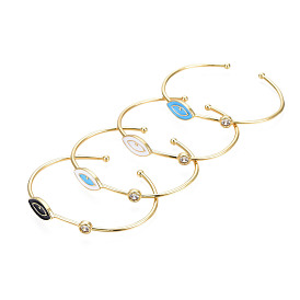 Enamel Horse Eye Open Cuff Bangle with Clear Cubic Zirconia, Real 18K Gold Plated Brass Torque Bangle for Women