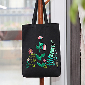 DIY Flower Pattern Black Canvas Tote Bag Embroidery Kit, including Embroidery Needles & Thread, Cotton Fabric, Plastic Embroidery Hoop