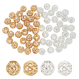 PANDAHALL ELITE 60Pcs 2 Colors Long-Lasting Plated Hollowed Brass Beads, Filigree Beads, Round, 24K Gold Plated & 925 Sterling Silver Plated