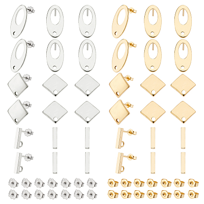 36Pcs 3 Style 304 Stainless Steel Stud Earring Findings, with 40Pcs Ear Nuts, Oval & Rhombus & Rectangle