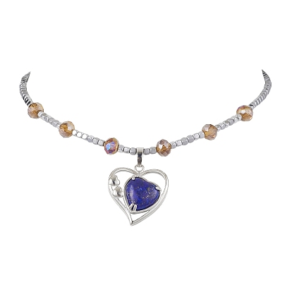 Non-magnetic Synthetic Hematite & Glass Beaded Necklaces, Natural Lapis Lazuli Brass Heart Pendant Necklaces