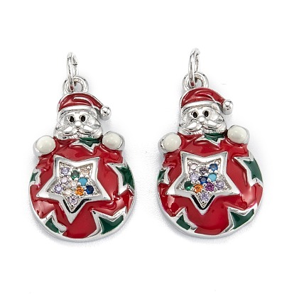 Christmas Themed Brass Micro Pave Cubic Zirconia Pendants, with Enamel and Jump Ring, Long-Lasting Plated, Santa Claus