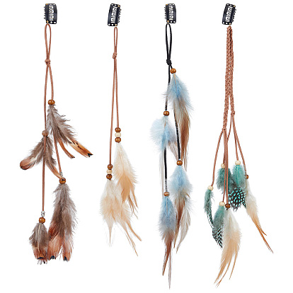 4Pcs Iron Snap Hair Clips, with Feather & Wood Bead