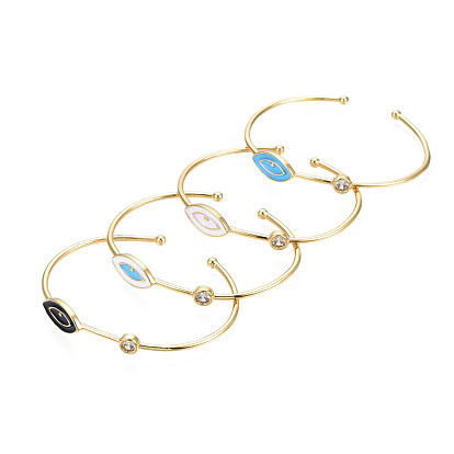 Enamel Horse Eye Open Cuff Bangle with Clear Cubic Zirconia, Real 18K Gold Plated Brass Torque Bangle for Women