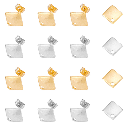 304 Stainless Steel Stud Earring Findings, with Ear Nuts & Loop, Rhombus
