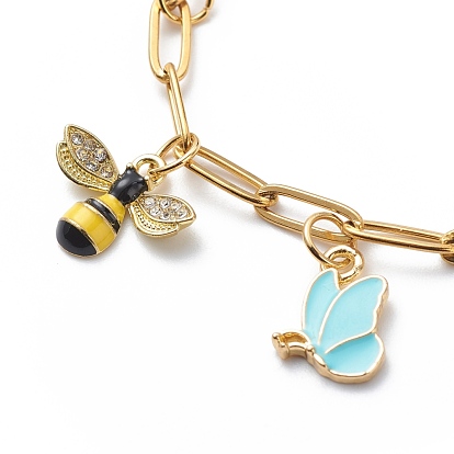 Alloy Enamel Flower & Bee & Butterfly Charm Bracelet with Paperclip Chains, Gold Plated 304 Stainless Steel Jewelry for Women