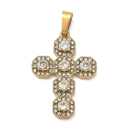 304 Stainless Steel Rhinestone Pendants, Cross Charms, with 201 Stainless Steel Bails, Ion Plating(IP)
