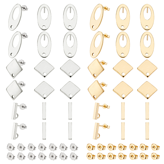36Pcs 3 Style 304 Stainless Steel Stud Earring Findings, with 40Pcs Ear Nuts, Oval & Rhombus & Rectangle