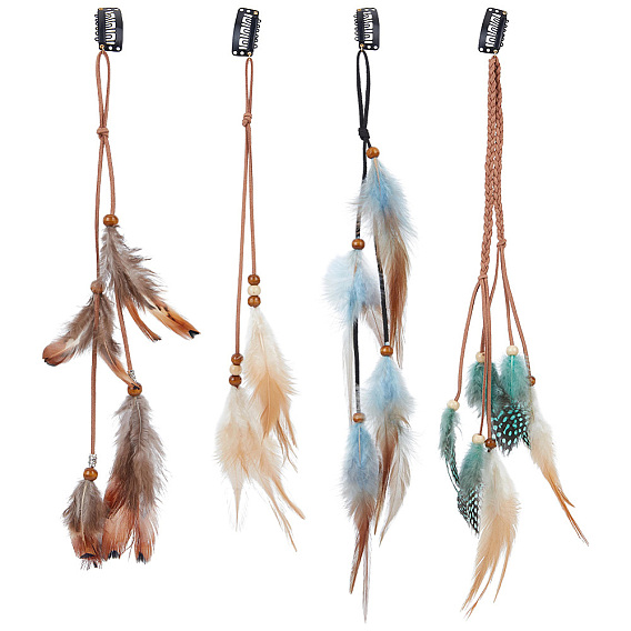 4Pcs Iron Snap Hair Clips, with Feather & Wood Bead