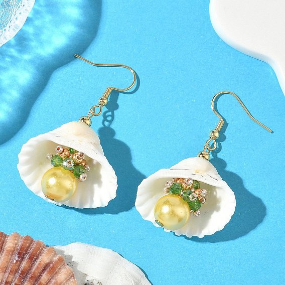 304 серьги-ракушки из нержавеющей стали с круглыми подвесками, со стеклянными семенами, ракушками и стеклянной жемчужиной, золотые