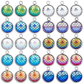 SUNNYCLUE Resin Pendants, with 304 Stainless Steel Cabochon Settings, Flat Round with Mermaid Fish Scale Shaped