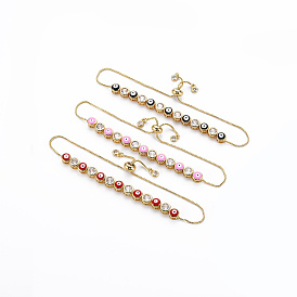 Регулируемые браслеты-слайдеры с инкрустацией из кубического циркония, с эмалью, с коробкой цепей, без кадмия, без никеля и без свинца, реальный 16 k позолоченный, плоские круглые с сглаза