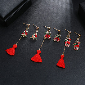 Red Christmas Tree, Bell & Reindeer Tassel Earrings - Festive Holiday Jewelry