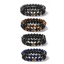 2Pcs Natural Mixed Stone and Brass Cubic Zirconia Beads Stretch Bracelets Set for Women Men