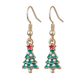 Christmas Tree Alloy Rhinestone Dangle Earrings, Enamel Style, 304 Stainless Steel Earrings for Women