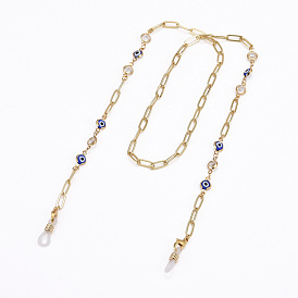 Eyeglasses Chains, Neck Strap for Eyeglasses, with Glass & Cubic Zirconia Evil Eye Links, Brass Paperclip Chains and Rubber Loop Ends, Blue