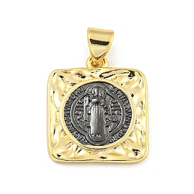 Rack Plating Brass Pendants, Cadmium Free & Lead Free, Real 18K Gold Plated, Long-Lasting Plated, Square with Saint Benedict San Benito Coin Charm