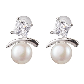 Natural Pearl Ear Studs, with Sterling Silver Micro Pave Clear Cubic Zirconia Findings, Round