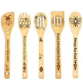 Couverts en bambou sur le thème des abeilles, ensemble fourchette, cuillère et spatules