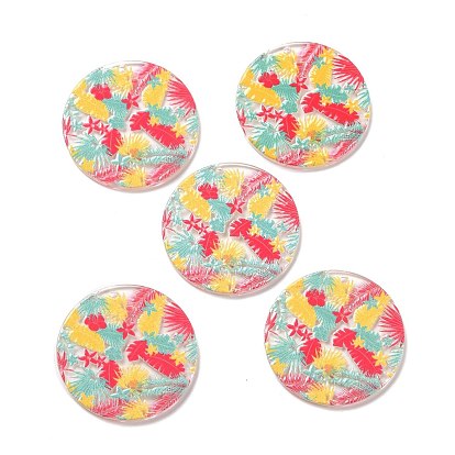 Printed Transparent Acrylic Pendants, Flat Round with Leaf Pattern