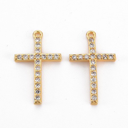 Brass Clear Cubic Zirconia Pendants, Nickel Free, Cross