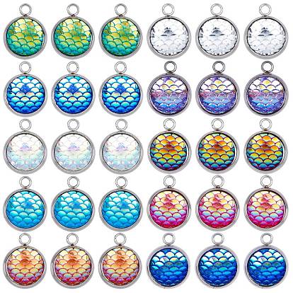 Resin Pendants, with 304 Stainless Steel Cabochon Settings, Flat Round with Mermaid Fish Scale Shaped