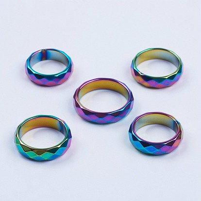 Non-magnetic Synthetic Hematite Rings, Faceted, Wide Band Rings