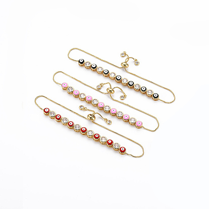 Регулируемые браслеты-слайдеры с инкрустацией из кубического циркония, с эмалью, с коробкой цепей, без кадмия, без никеля и без свинца, реальный 16 k позолоченный, плоские круглые с сглаза