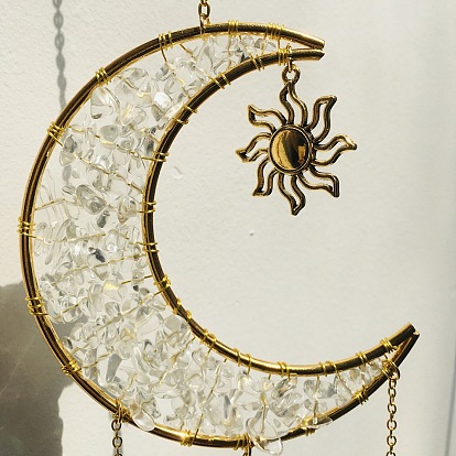 Moon & Star & Butterfly Glass Hanging Suncatcher, with Gemstone Chips