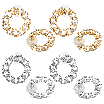 4пары 2 серьги-гвоздики из цветного сплава со стразами, кольцо