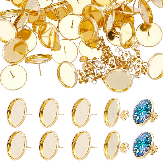 304 Stainless Steel Stud Earring Findings, with Cabochon Settings, Ear Nuts, Flat Round