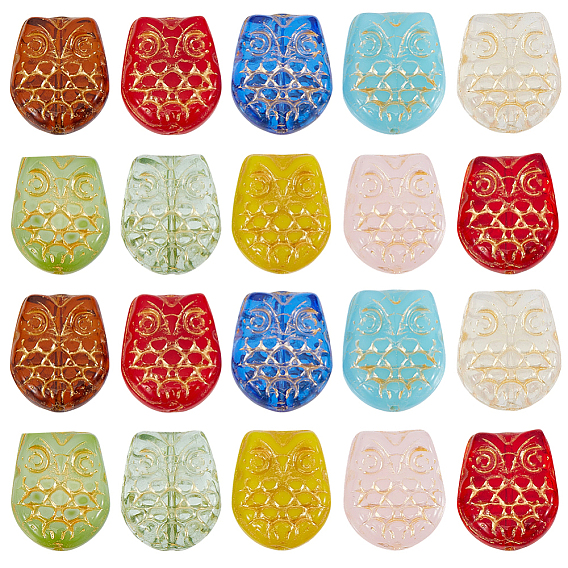 40Pcs Owl Glass Beads, Golden Metal Enlaced