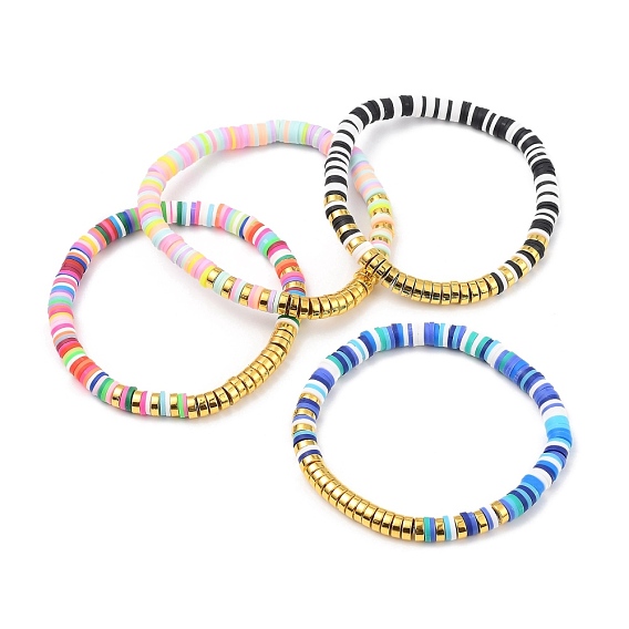 Stretch Bracelets, with Polymer Clay Heishi Beads and Non-magnetic Synthetic Hematite Beads