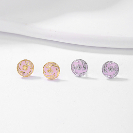 S925 Sterling Silver Flat Round with Flower Pattern Stud Earrings