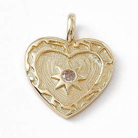 Rack Plating Brass Cubic Zirconia Pendants, Heart-Shaped with Sun Charm, Long-Lasting Plated, Lead Free & Cadmium Free