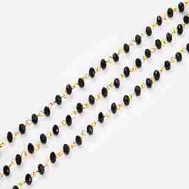 Handmade Glass Pearl Beads Chains, with Faceted Rondelle  Glass Beads and Iron Eye Pin, Unwelded