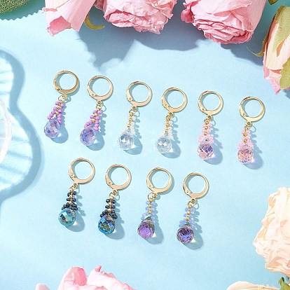 Серьги из стеклянных бусин с застежкой-молнией, с 304 фурнитурой для сережек из нержавеющей стали и стеклянной каплевидной подвеской, золотые