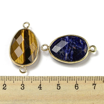 Natural Mixed Gemstone Connector Charms, Faceted Teardrop Charms with Light Gold Tone Brass Edge