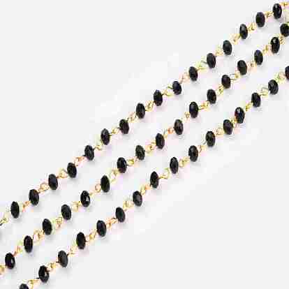 Handmade Glass Pearl Beads Chains, with Faceted Rondelle  Glass Beads and Iron Eye Pin, Unwelded