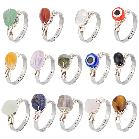 14 шт. 14 стили 304 Кольца из нержавеющей стали с драгоценными камнями и смолой от сглаза