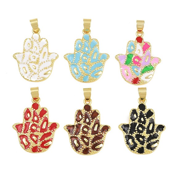 Brass Pendants, with Enamel, Hamsa Hand Charms, Cadmium Free & Lead Free, Rack Plating, Long-Lasting Plated, Real 18K Gold Plated