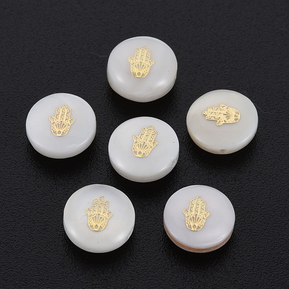 Natural Freshwater Shell Beads, with Golden Plated Brass Metal Embellishments, Flat Round with Hand
