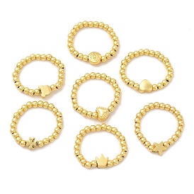 Rack Plating Round Brass & Alloy Beaded Finger Rings for Women, Lead Free & Cadmium Free, Long-Lasting Real 18K Gold Plated, Heart/Clover/Star