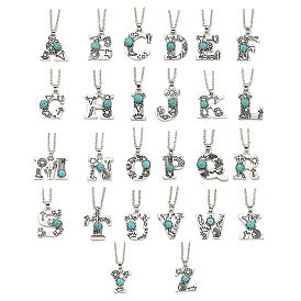 Letter A~Z Antique Silver Plated Alloy with Synthetic Turquoise Pendant Necklace, with Iron Cable Chains