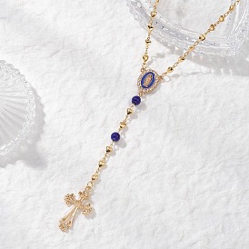 Латунные четки в форме сердца, Ожерелья с подвеской в виде креста с изображением Девы Марии из сплава и эмали синего цвета для женщин