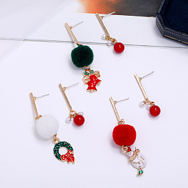 Christmas Pom-Pom Pendant Silver Needle Earrings Asymmetric Studs Snowman Drop Ear Jewelry