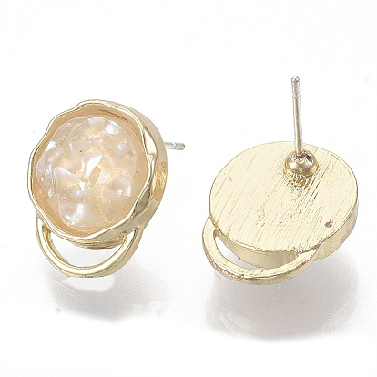 Alloy Stud Earrings, with Resin and Shell, Light Gold
