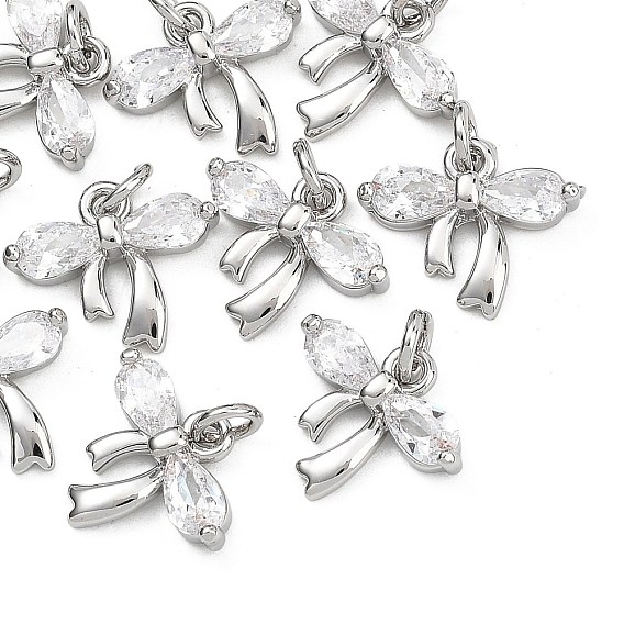 SHEGRACE Brass Clear Cubic Zirconia Charms, Cadmium Free & Nickel Free & Lead Free, Bowknot Charms