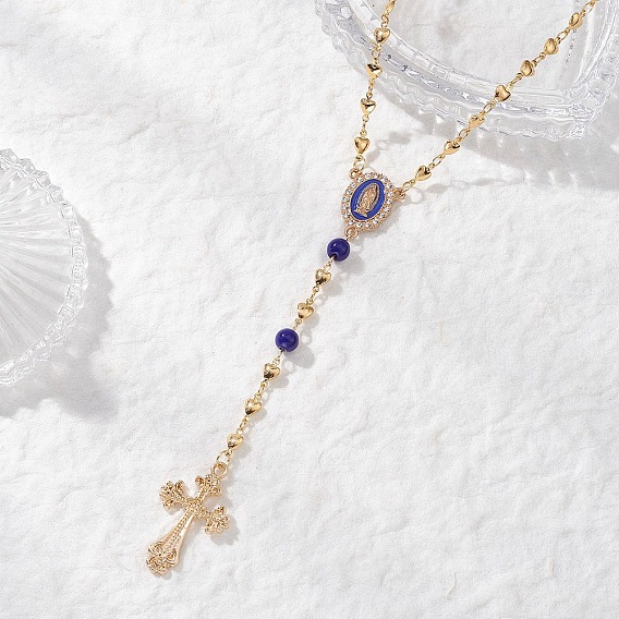 Латунные четки в форме сердца, Ожерелья с подвеской в виде креста с изображением Девы Марии из сплава и эмали синего цвета для женщин
